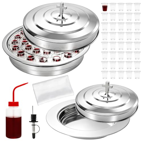 Communion Set Holy Trays for Churches with Lid, 2 Pcs Stainless Steel Communion Tray Set Includes 100 Disposable Cups and Cup Filler, Communion Table Cloths, Silver