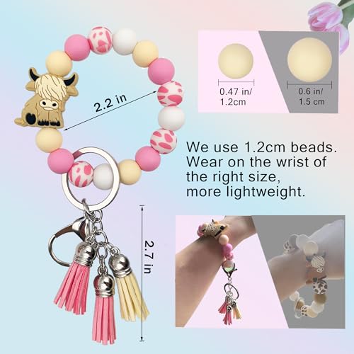 SHINYHARBOR Silicone Beaded Wristlet Keychain Bracelet,Key Wrist Keychains for Women Mom Teachers Best Friend - color: Cow-pink
