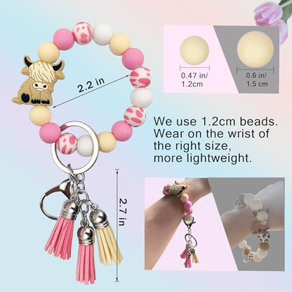 SHINYHARBOR Silicone Beaded Wristlet Keychain Bracelet,Key Wrist Keychains for Women Mom Teachers Best Friend - color: Cow-pink