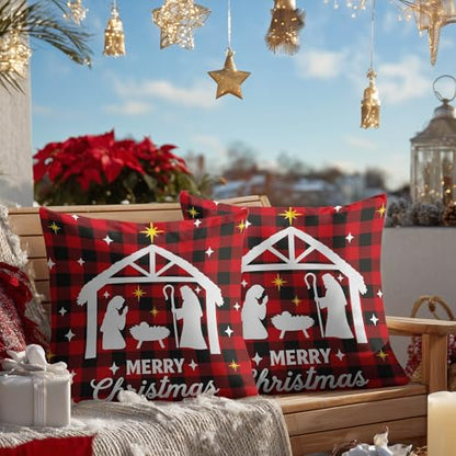 HOMETITUTE Set of 2 Christmas Nativity Plaid Pillow Covers 18x18 Inch - color: Christmas Throw Pillow Covers #07