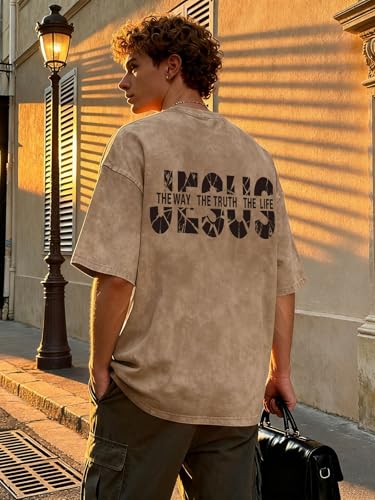 Eatbook Christian Shirts for Men Women Jesus Faith Oversized Acid Wash Tops - color: Apricot Jesus, size: Large