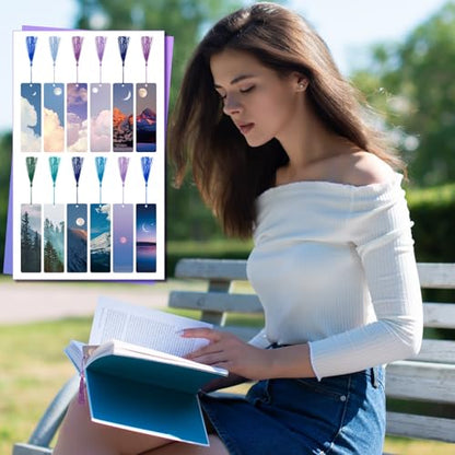 Outus 12 Pack Nature Landscape Bookmarks with Tassels, Aesthetic Scenery Page Markers, Sky Mountain Book Markers, Back to School Book Accessories Gift for Students Reading Gifts Classroom Favors - style: Landscape
