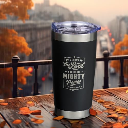 Christian Art Gifts Stainless Steel Double-Wall Vacuum Insulated Travel Mug 18 oz Matte Black Tumbler with Lid for Men Inspirational Bible Verse - Strong in the Lord - Eph. 6:10 - color: Black/Be Strong