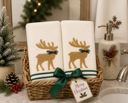 Christmas White Guest Hand Bathroom Towels Elegant Winter Reindeer, 16x26" - color: Burlap Deer