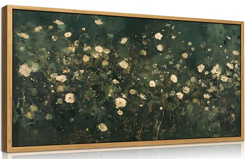 KIRFOLUC Large Abstract Floral Wall Art Dark Green Botanical Meadow Wall Decor Moody Wildflower Field Painting Picture Rustic Retro Flower Print Artwork for Living Room Bedroom Home Decor - color: Green Flower, size: 32"L x 16"W