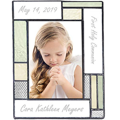 First Communion Gifts Personalized Picture Frame Custom Engraved Glass 4x6 Vertical Photo Green And Antique Yellow J Devlin Pic 430-46V EP620