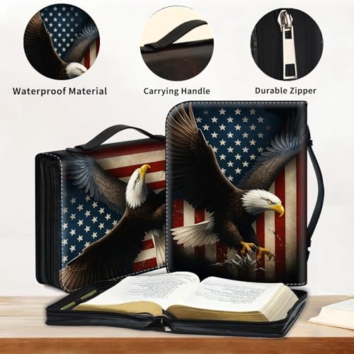 Bible Cover for Women Large PU Leather Zippered Bible Case with Handle and Bald Eagle USA Flag Design, Christian Bible Cover for Girls & Women, Cover Fits Standard 9.5"x7.5"x2.3" Bible - color: Bald Eagle Usa Flag