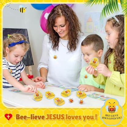 Quelay 30 Sets Bee-lieve Jesus Loves You Pins on Card Bulk Christian Bee Pins with Card Religious Bible Gifts for Sunday School Church Gifts Classroom Home Party Supplies - style: Bee-lieve