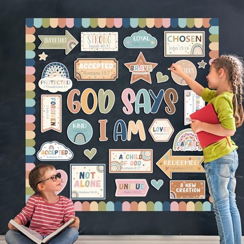 Christian Bulletin Board Decorations Classroom Motivational Bulletin Board for Welcome Back Boho Rainbow God Says I Am Cutout Inspirational Religious Wall Decors for Sunday School Home Church Supplies