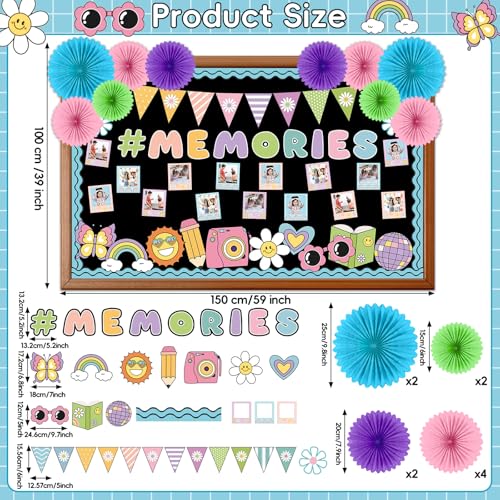 Pastel Groovy End of Year Bulletin Board Set 2026 Graduation Picture Frame Memories Classroom Decoration Paper Fans 3D DIY Hanging Cutouts for First Day of School Classroom Chalkboard Wall Decor - style: Pastel Memories