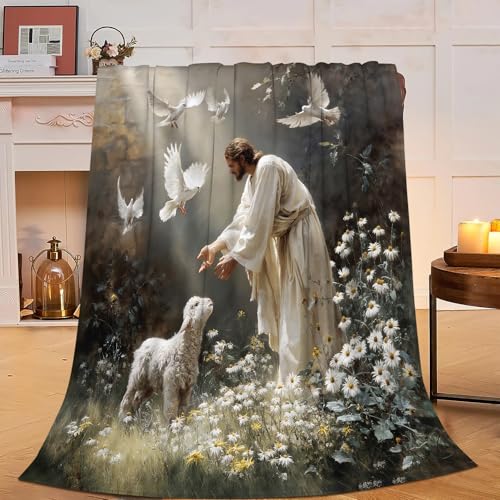 Jesus Lamb Blanket Christian Jesus Soft Cozy Throw Blanket Christ Religious God Super Plush Warm Stuff Lightweight Fleece Flannel Blankets Gifts for Women Girls Kids Adults 50"X40" - color: Green Jesus Lamb, size: 50"x40"