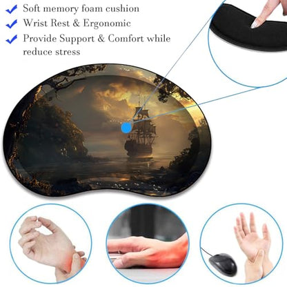 Mouse Pad 9.4"x7.9" + Wrist Support Pad + Embroidered Cup Pad Non-Slip Set, Ergonomic Mouse Wrist Support Pad, Suitable for Office/Gaming/Home Use, Pirate Ship - color: Pirate Ship