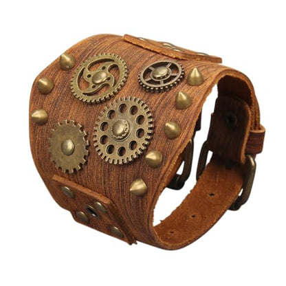 GelConnie Punk Leather Cuff Bracelet Adjustable Straps Wrap Bracelets Arm Armor Cuff Gothic Leather Wristbands for Men, Women - color: MLPB111-Brown