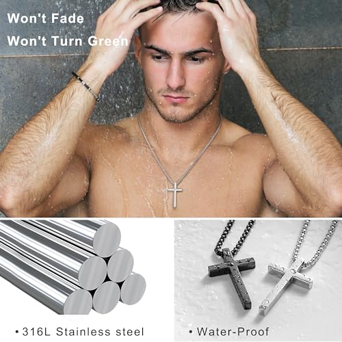 2 PCS Cross Necklace for Men,Silver Black Cross Chain Stainless Steel Pendant Jewelry Gifts Box Crucifix Necklace 16-30 inches - size: 16 in, style: 2Pcs(silver+black) 1.7 "* 1.0'' pendant