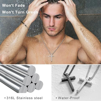 2 PCS Cross Necklace for Men,Silver Black Cross Chain Stainless Steel Pendant Jewelry Gifts Box Crucifix Necklace 16-30 inches - size: 16 in, style: 2Pcs(silver+black) 1.7 "* 1.0'' pendant