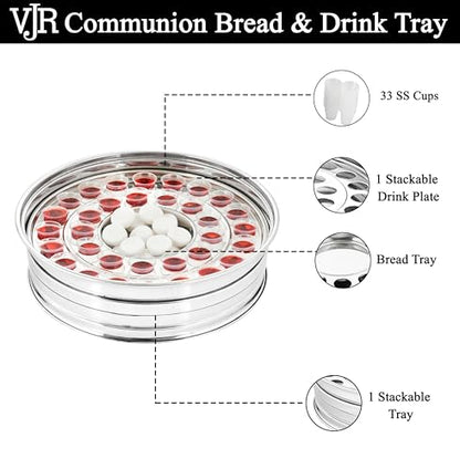 VJR Communion Tray for Churches with Lid, 33-Cup Stainless Steel Communion Set with Reusable Cups, Stackable Church Communion Serving Tray with Bread Plate, Silver, Rust Resistant - style: Bread Plate set 1