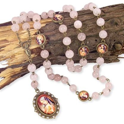 Nazareth Store Our Lady of Sorrows Stone Beads Rosary Solid Beaded Chaplet Necklace with Epoxy 7 Seven Sorrows Medallion - color: Rose Quartz