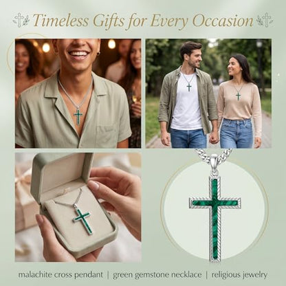MRENITE Silver Natural Stone Cross Necklace, Classic Latin Cross Pendant Necklace for Unisex Women Man, Vintage Crystal Quartz Cross Necklace with 20+2 Inches Adjustable Cuban Chain - style: Malachite