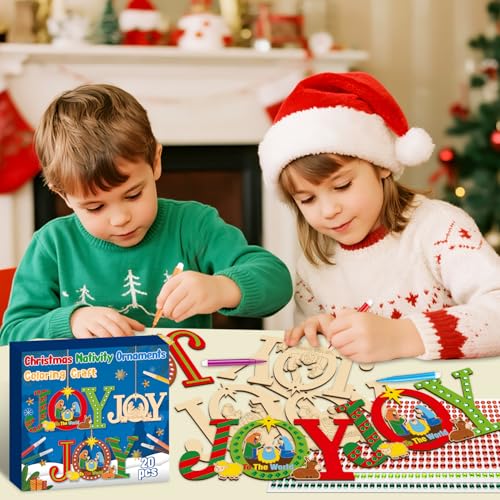 BeYumi Christmas Joy Wooden Crafts - 20Pcs DIY Wooden Joy to THE World Ornaments Craft Kit for Kids Make Your Own Nativity Decor Christian Religious Xmas Craft with Gem Sticker Church Party Supplies - style: JOY