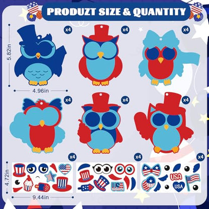 PAIVSUN 24Pcs 4th of July Crafts for Kids, DIY Owl Stickers Crafts Kit - style: Patriotic Owl