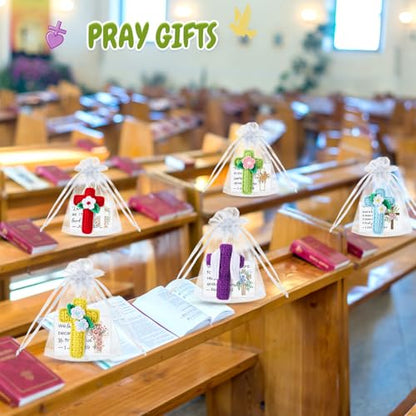 12 Sets Collectible Dolls Bulk Handmade Crochet Cross with Bible Prayer Cards for Women Church Religious Birthday Wedding Baptism Party Favors Stocking Stuffers Home Decor Gifts