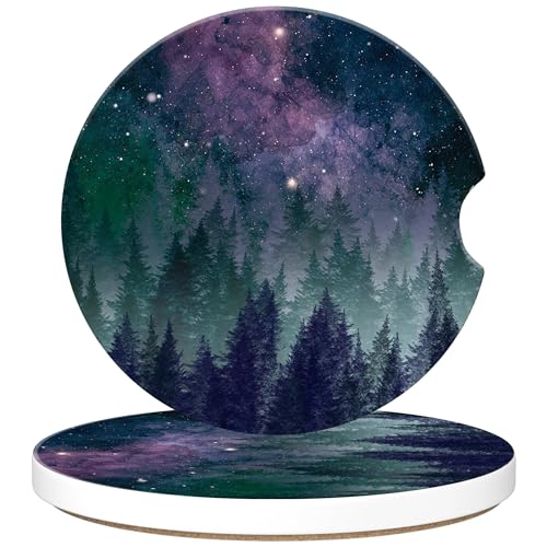 Galaxy Space Forest Car Cup Holder Coaster, Car Coasters for Cup Holder, 2 Pack Anti-Slip Absorbent Ceramic Car Coasters with Finger Notch Cork Base for Women Men 2.56" - color: Galaxy Space Forest