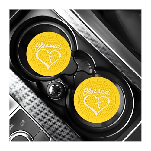 KVAEY 2 PCS Car Cup Holder Coasters, 2.76 Inch Anti Slip Vehicle Drink Mats with Cute Blessed Cross and Heart, Shockproof, Universal Car Accessories (Yellow, 2 PCS) - color: Yellow, size: 2 PCS