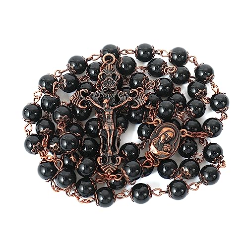 Nazareth Store Natural Stone Beads 8mm Rosary Necklace Antique Copper Design Holy Soil Medal & Cross in Velvet Bag - Catholic Rosaries Terra Santa Jerusalem Collection - color: Black Obsidian