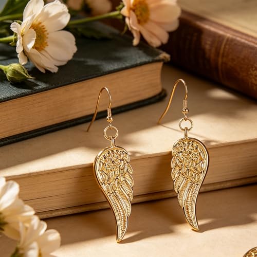 coadipress Angel Wing Earrings for Women Unique Silver Plated Fairy Feather Guardian Dangle Drop Hook Earrings Jewelry - color: Gold Light Wing