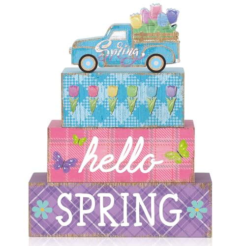 4 Pcs Spring Table Decor Farmhouse Tulip Wooden Sign Spring Wood Block Decorative Floral Truck Tiered Tray Decor Rustic Table Centerpieces for Home Kitchen Shelf Fireplace Desk Indoor - style: Tulip