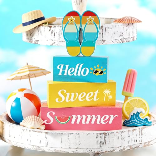 4 Pcs Hello Sweet Summer Wooden Block Sign Flip Flops Table Centerpiece Summer Tiered Tray Decor Farmhouse Table Sign Beach Decor for Home Office Desk Shelf Mantel - style: Flip