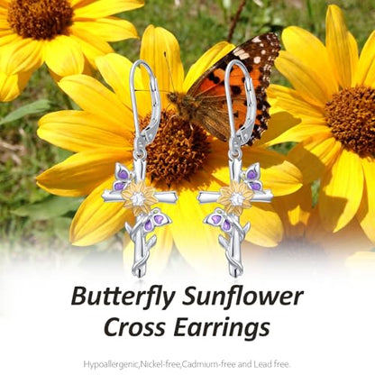 925 Sterling Silver Sunflower/Rose/Plumeria/Hibiscus/Mushroom Cross Earrings for Women Hawaiian Flower/Butterfly Cross Dangle Drop Earrings Jewelry Faith Christian Gift for Her Daughter Wife Girlfriend - style: Sunflower Cross 2