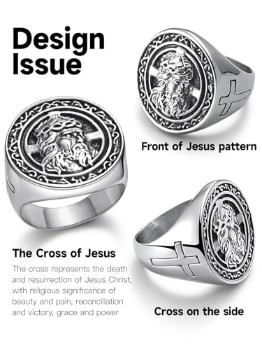 Christian Cross Rings for Men - Stainless Steel Jesus Jewelry with Celtic Knot Sides (Gold/Black/Silver) - Catholic Religious Gift, Size 7-13 - color: H: Silver-Jesus
