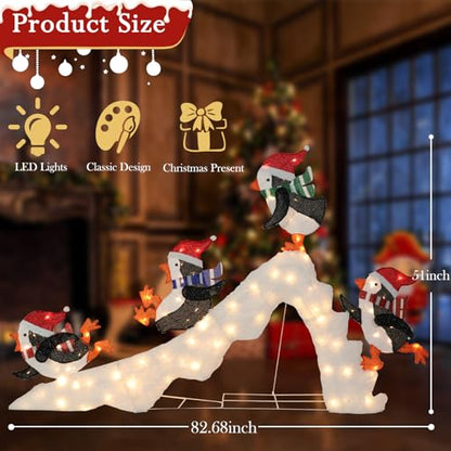 7 FT Lighted Christmas Penguin On Slide, Pre‑Lit Outdoor Yard Decor - size: 51''*82.68''