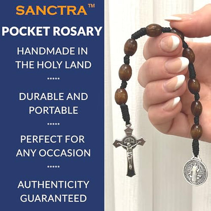 Pocket Rosary, Prayer Beads with Saints Medal and Cross/Crucifix - style: St Benedict, 9 Beads, Dark Brown Wood, Chaplet Chain