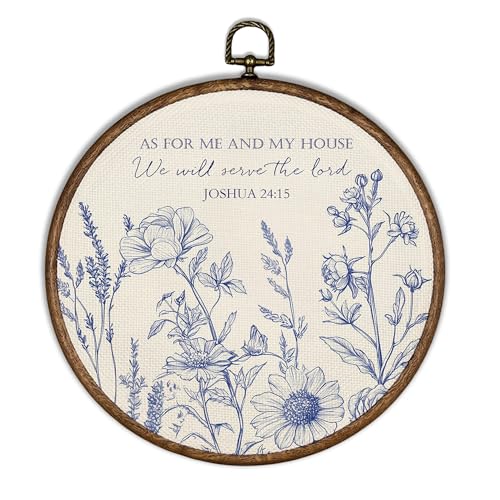 XBBMGG Navy Blue Floral Christian Wall Art Decor, Bible Verse Scripture Round Wall Hanging Decor, As for Me and My House Framed Canvas Prints for Home Bedroom Living Room Church Decorations, 10x10inch - color: As for Me and My House, size: 10"L x 10"W