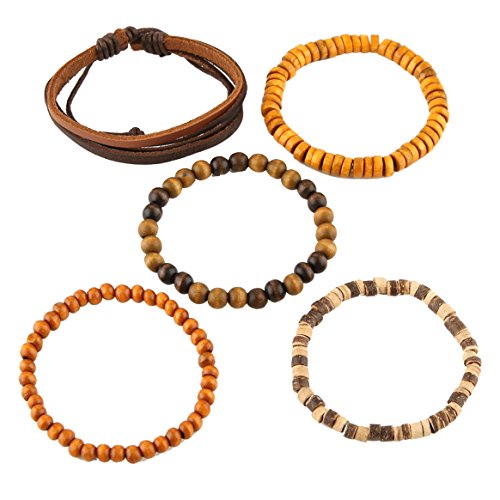 HZMAN Handmade Hemp Cords Wood Beads Leather Bracelets for Men Women - style: Coconut shell 5 Mix