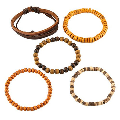 HZMAN Handmade Hemp Cords Wood Beads Leather Bracelets for Men Women - style: Coconut shell 5 Mix
