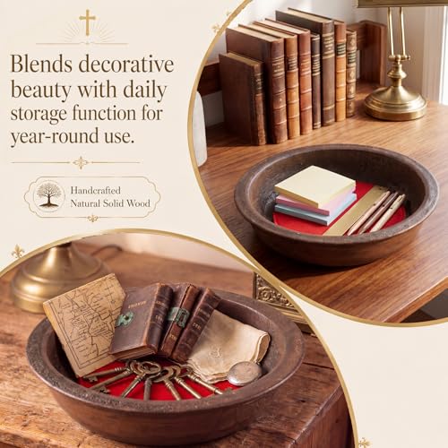 Domensi Handcrafted Wooden Offering Plate for Church Walnut Stain Collection Plate with Felt Round Pad Collection Tray for Sunday Worship Communion Religious Ceremonies