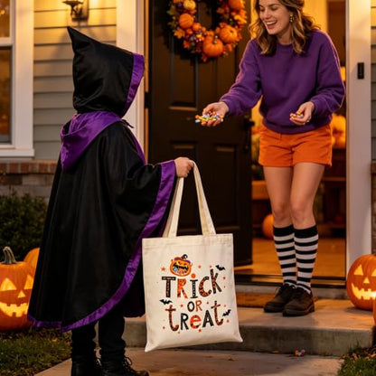 Canvas Tote Bag with Zipper, Halloween Trick or Treat Bags for Kids Bulk - color: [A0] Halloween - Beige
