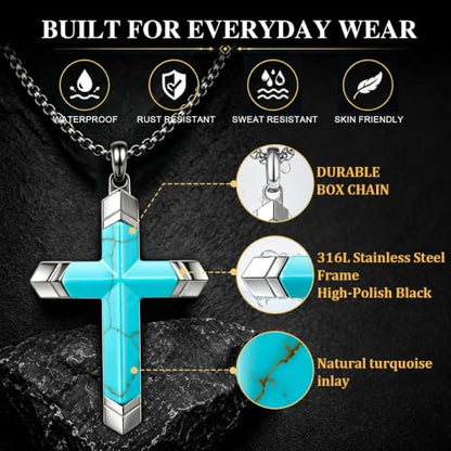 Lapis Lazuli/Amethyst Cross Necklace for Men Waterproof and Sweat-Resistant Suitable for both men and women With Adjustable Box Chain Christian Jewelry Father Day Gifts for Men - color: Sky Blue&Silver