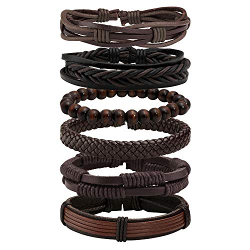 MILAKOO 6 Pcs Punk Braided Leather Bracelets for Men Women Cuff Wrap Wristbands Adjustable - color: Brown