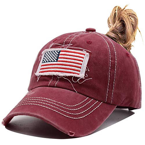 Women American Flag Ponytail Hat, Embroidery Adjustable Washed Distressed Messy Bun Baseball Cap … - color: Us Flag -Red