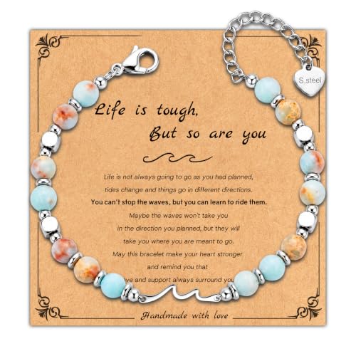 Bracelet for Women Natural Stone Beaded, Stainless Steel Charms, Adjustable - color: 2-Wave
