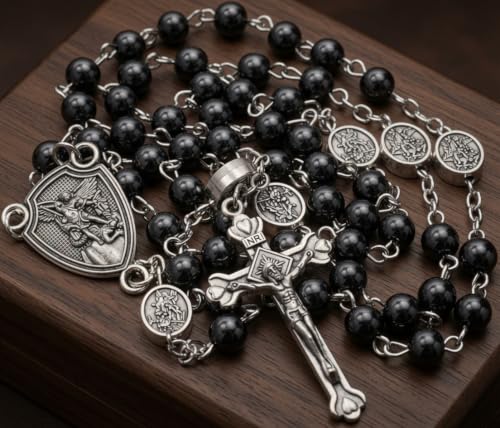Nazareth Store St Michael Rosary Hematite Stone Beads Necklace Metal Beaded Glory Beads Archangel Medal & Cross with Metal Gift Box - color: Antique Silver | St Michael