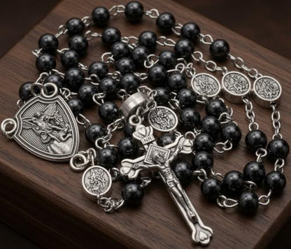 Nazareth Store St Michael Rosary Hematite Stone Beads Necklace Metal Beaded Glory Beads Archangel Medal & Cross with Metal Gift Box - color: Antique Silver | St Michael