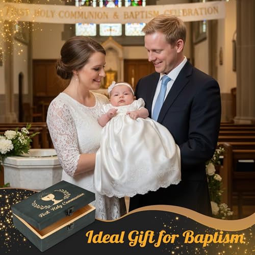 R HORSE First Communion Keepsake Box - Wooden Engraved Baptism Memory Box Gift for Boy Girl, First Holy Communion Gift for Kids Christian Religious Keepsake Organizer for Jewelry Memento Photo Storage - style: First Communion