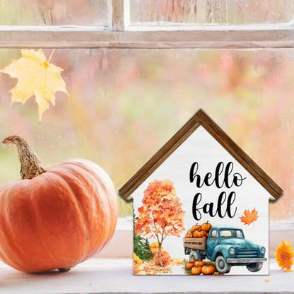 Rustic Fall Decor, Hello Fall House Shaped Wood Block Sign - color: Hello