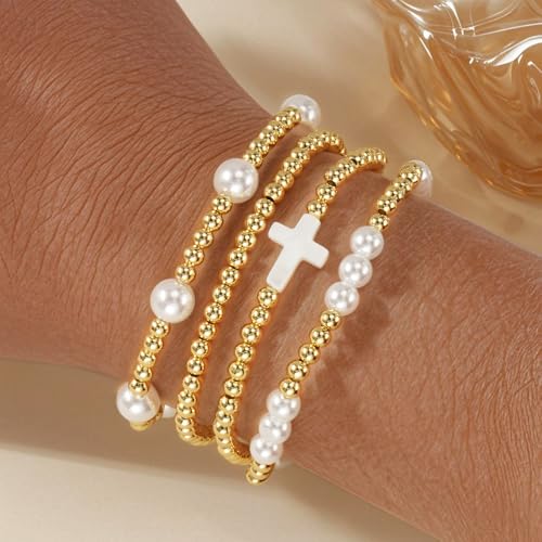 Gold Beaded Bracelets Stack for Women Stackable 14K Gold Plated Beads Ball Cross Bracelet Boho Christian Jewelry Faith Friendship Birthday Gifts for Women - color: White Cross