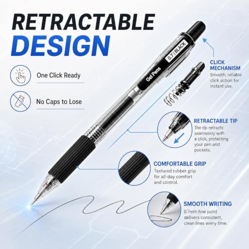100 Pack 0.7mm Black Gel Pens Retractable Medium Ballpoint Pens Bulk